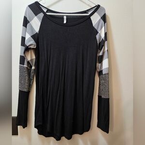 Black W/ Checkered & Sparkle Sleeved Women's Top